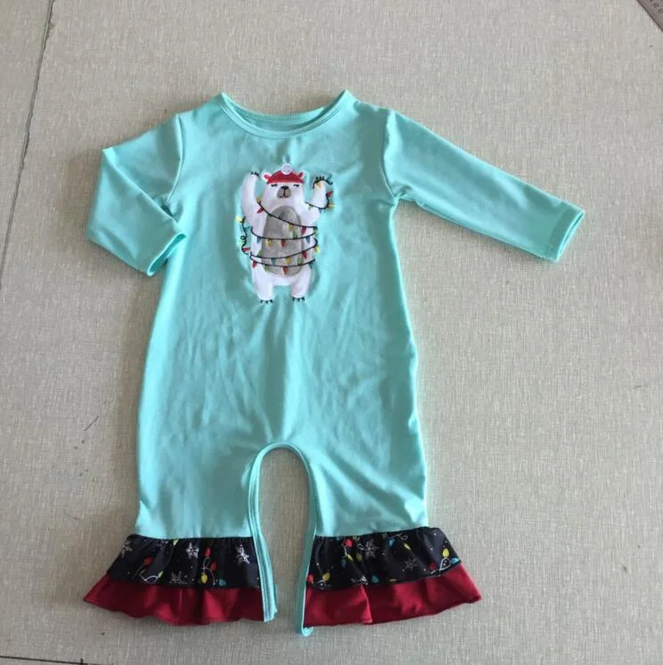 

2024Wholesale baby boy girls Children clothes autumn new Christmas bear pattern embroidery blue jumpsuit boutique girls jumpsuit