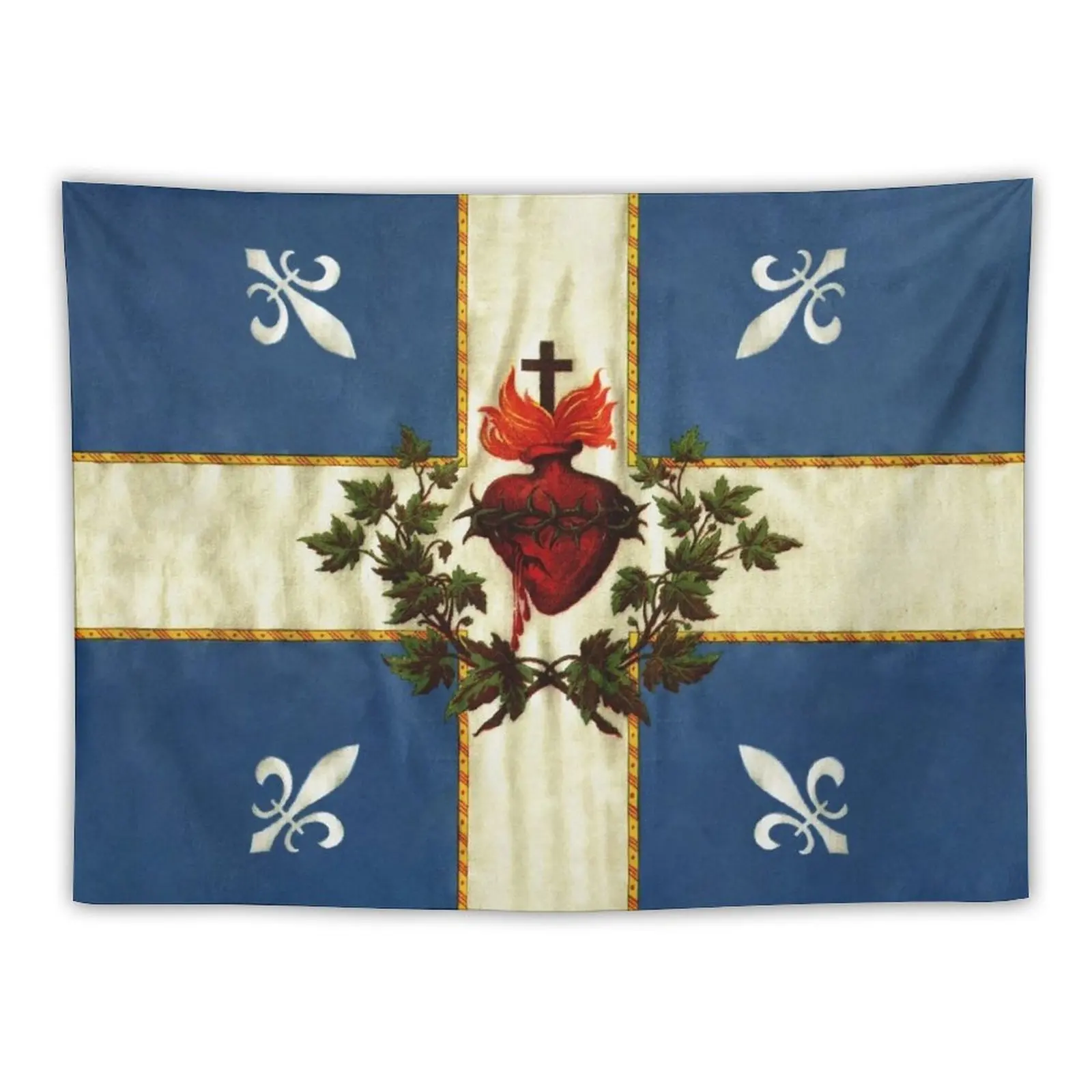 

Quebec Sacred Heart flag drapeau Québec Patriote Carillon Sacré-Cur Christian Catholic old vintage edition with fleurs Tapestry