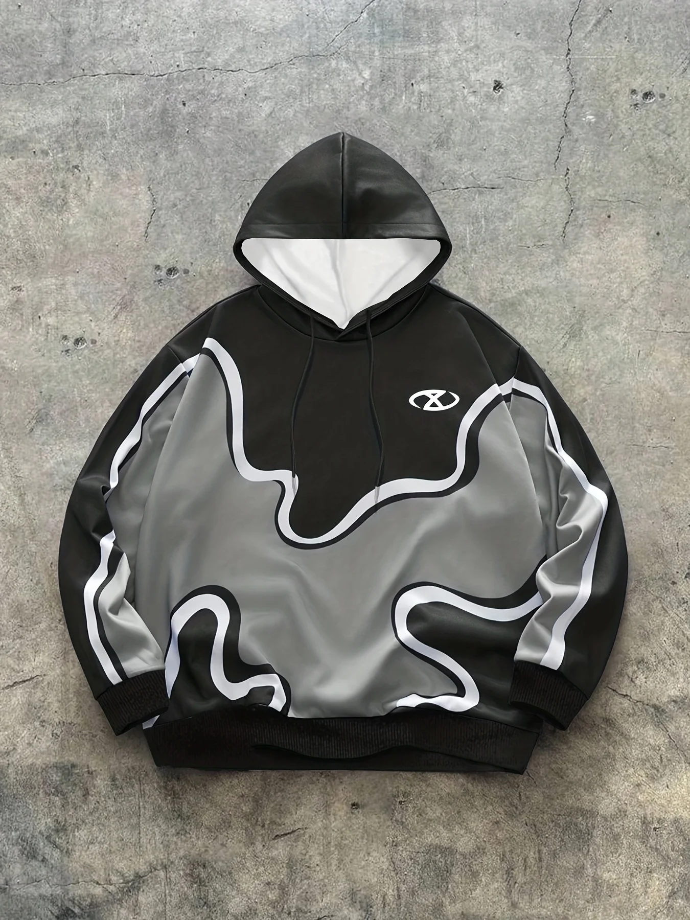 Men's Oversized Irregular Color Block Print Pullover Hoodie Casual Long Sleeve Hooded Sweatshirt Streetwear Tops for Adult Men