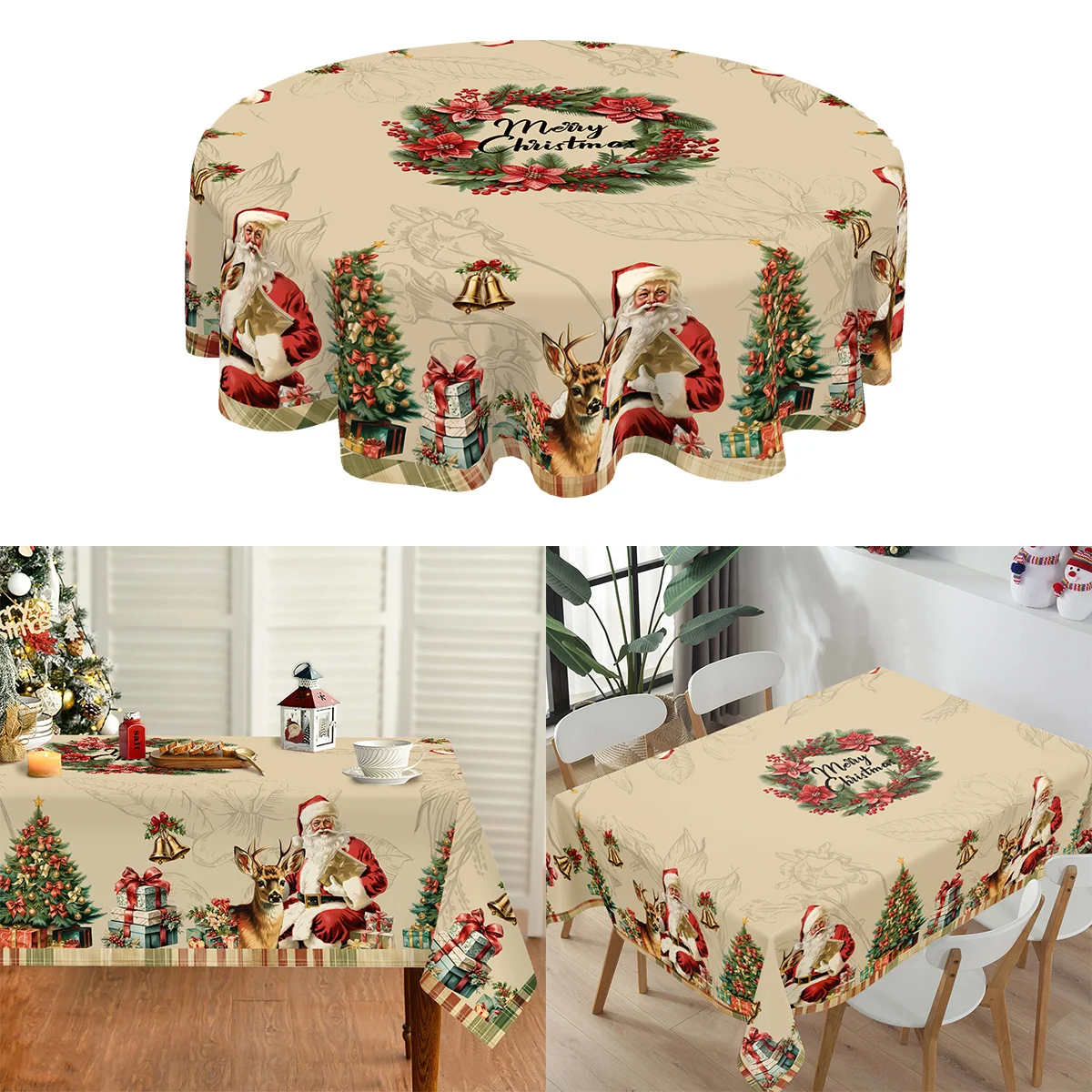 

Vintage Christmas Tablecloth Rustic Santa Claus Wreath Table Cover Christmas Decorations for Home 2025 Gifts Navidad New Year