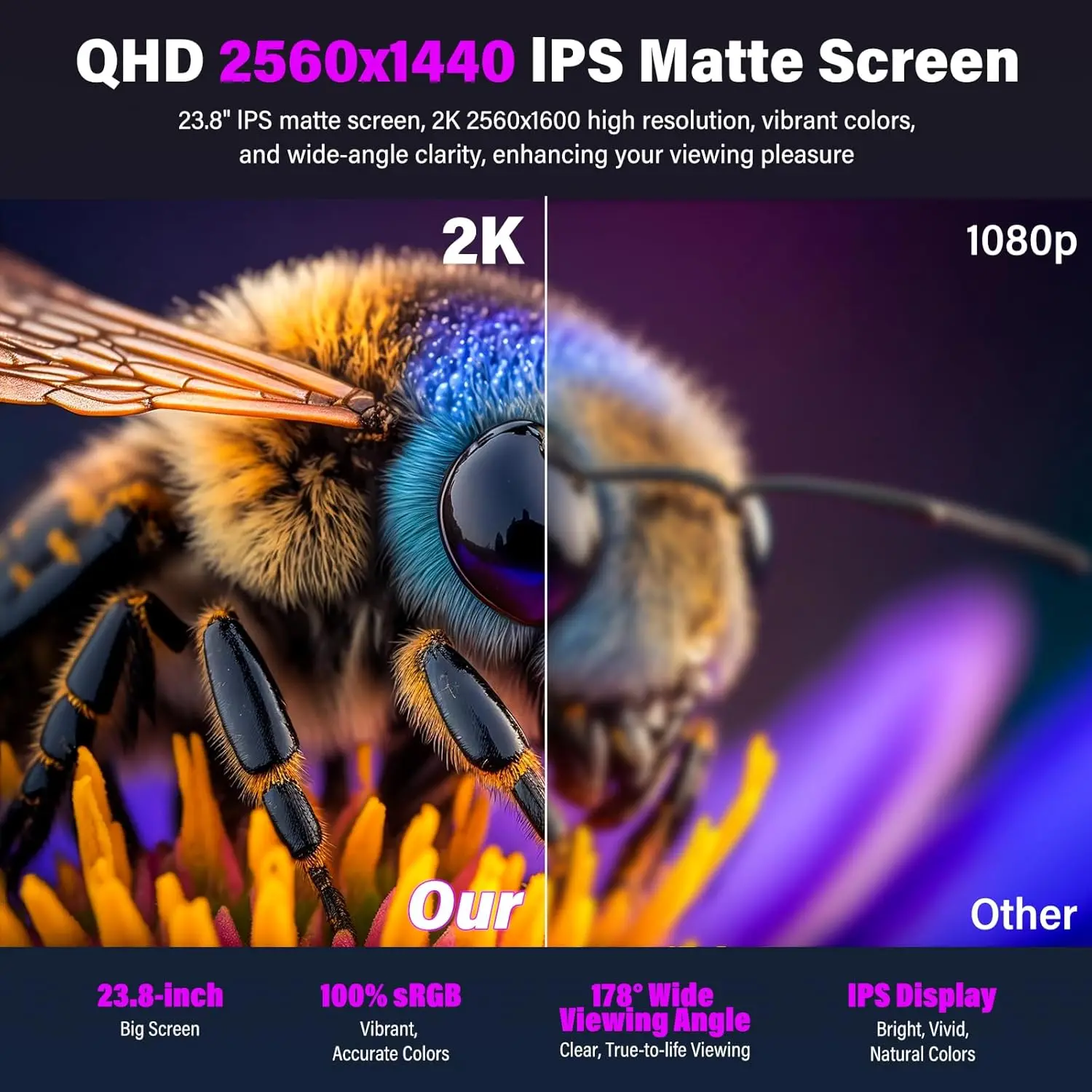 UPERFECT 23.8 "180Hz 2K مراقبة الألعاب المحمولة QHD نوع C HDMI العناية بالعين الشاشة الثانية الخارجية لجهاز الكمبيوتر المحمول وحدة تحكم الألعاب PS5 تبديل جهاز الكمبيوتر الشخصي الهاتف مع حامل الوقوف HDR FreeSync