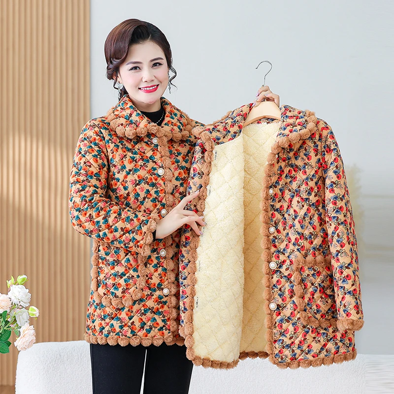 

Women Floral Cotton Coat Middle-Aged And Elderly Mothers Thick Medium Length Winter Fleece Jacket Outerwear