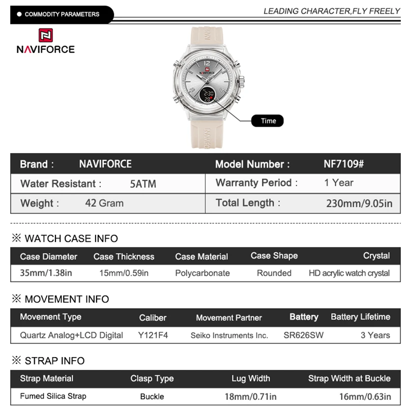 NAVIFORCE Quartz Watches for Woman Fashion Women\'s Dual Display Watch Quartz Waterproof Silicone Luminous Wristwatch Ladies Gift