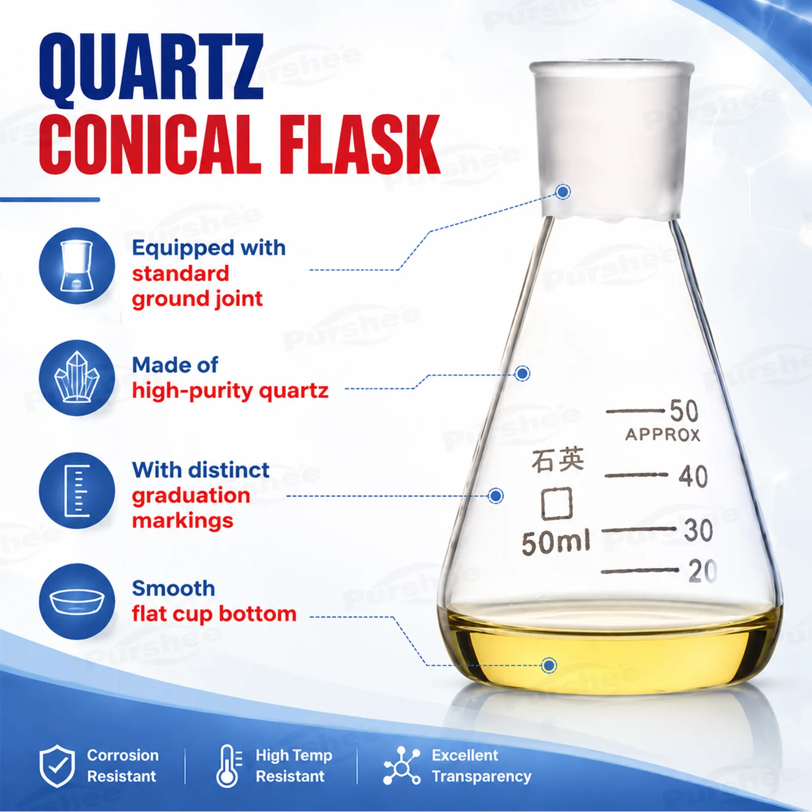 JGS-2 Quarz-Erlenmeyerkolben 50ml 100ml 150ml 250ml Hochtemperaturbeständiger Graduierter Konischer Kolben Labor-Messglaswaren – Detail 3