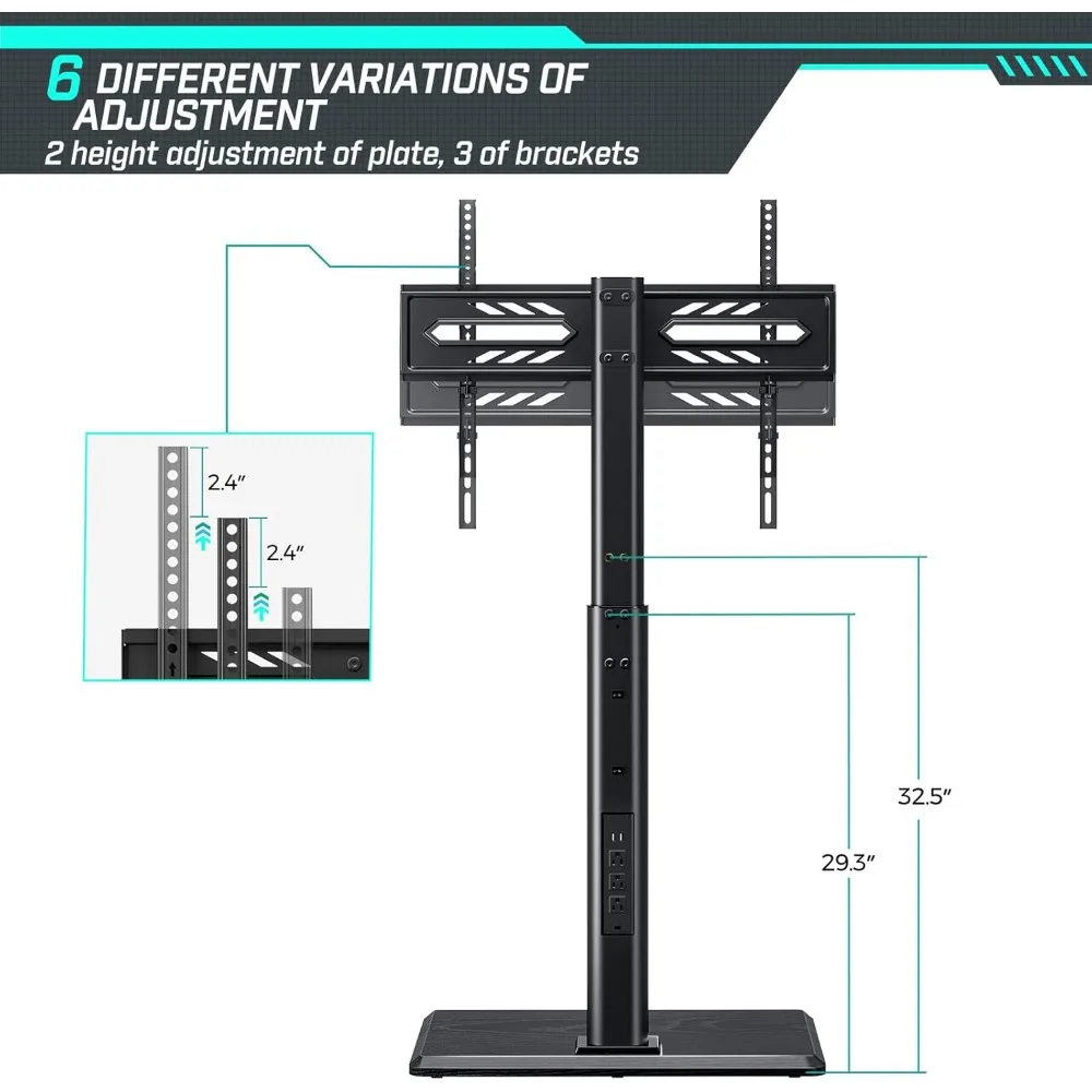 TV Stand with Power Outlet, Universal Floor TV Stand for 32-70 inch TVs, Height Adjustable, Swivel Tall TV Stand with Wood Base