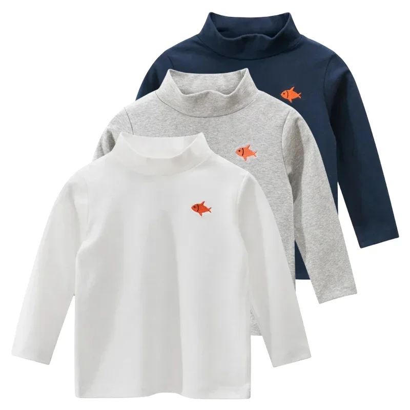 2025 Spring Autumn New Fish Embroidery T Shirt Boys Cotton Top Children's Clothing Kids Turtleneck Long Sleeve T-shirt 2-9Y