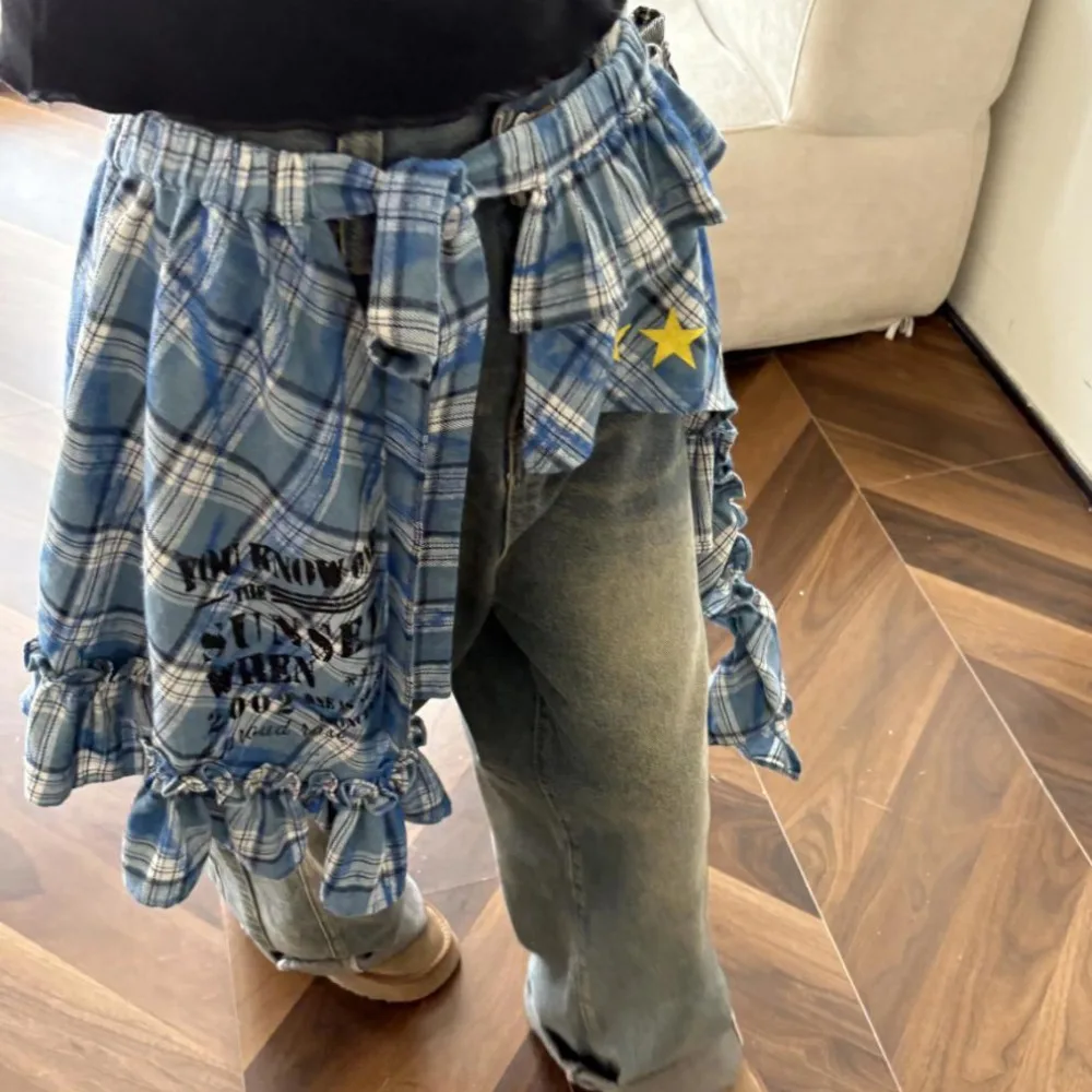 Star Layer Outfits Plaid Skirt Shirt Extender Sweet Lace Up Hip Scarf Korean Style Y2K Ruffled Edge Waistband Jeans Decor