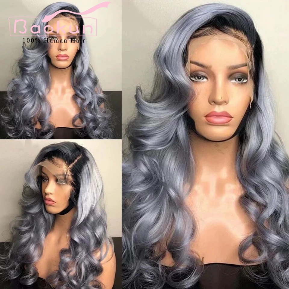 

Side Part Body Wave Lace Front Wig Ombre Silver Grey Human Hair Lace Frontal Wig Transparent 13x4 13x6 Human Hair Wigs For Women