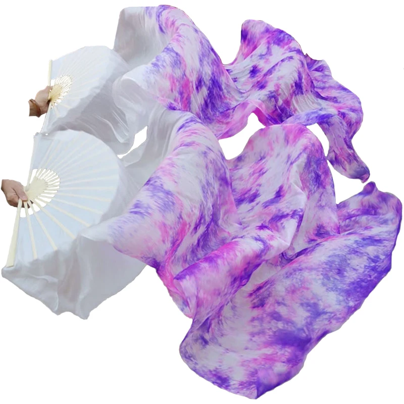 Real Silk Dance Fan Belly Dance Fan a Pair of Extended Fans Handmade Color Tie-dye Silk Fan Modern Dance Customizable Dance Fan