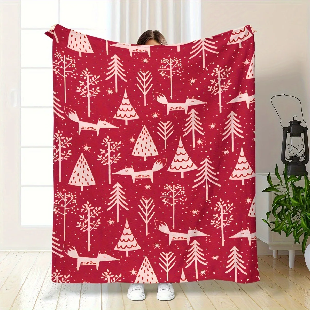 Red Background Fox Pine Tree Fairy Tale Flannel Blanket For Whimsical Room Decor Soft Warm Throw Blanket Accent