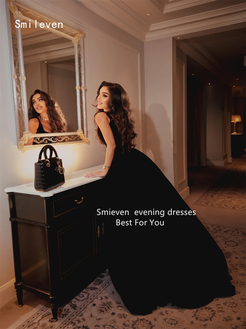 Smileven Luxe Zwart A-lijn Galajurk Vierkante Kraag Feestjurken Formele Gelegenheidsjurk Aangepast 2026