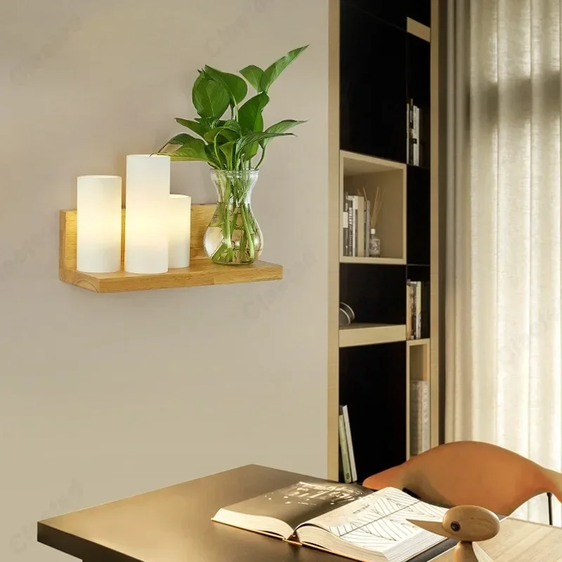 LED Glass Lampshade E27 Solid Wood Wall Lamp Bedroom Bedside Lamp Living Room Hallway Balcony Decorative Lighting Fixture