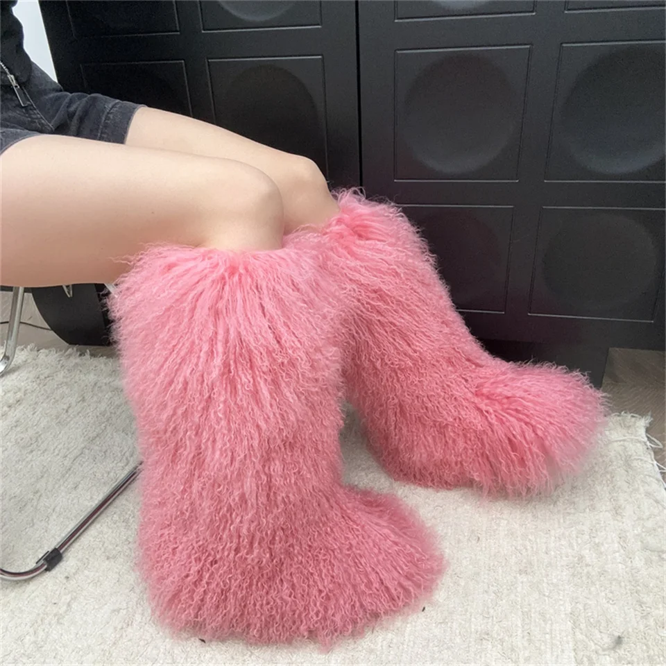 2024 Real Mongolian Fur Noots Wool Boots Warm SnowBoot Fur Wool Knee High Boots Purple/pink Fashion Winter Shoes