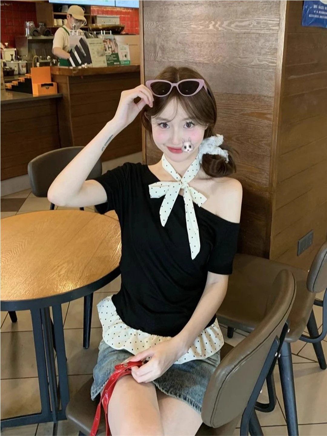 

Sweet Ruffle Splice Shoulder Short Sleeve T-Shirt Women's Stylish Design Slimming Polka Dot Top Summer New Arrival