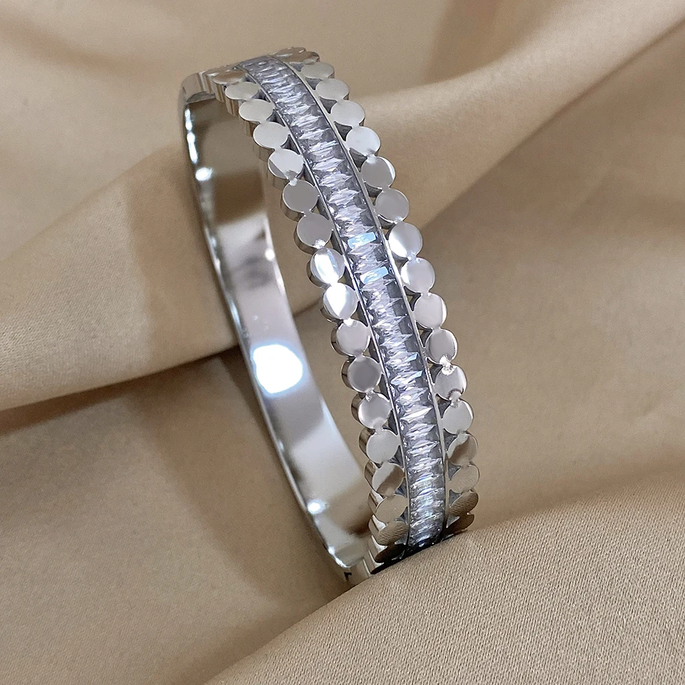 Greatera Chunky Gold Plated Stainless Steel White Cubic Zirconia Cuff Bracelet Bangle for Women Waterproof Charm Jewelry