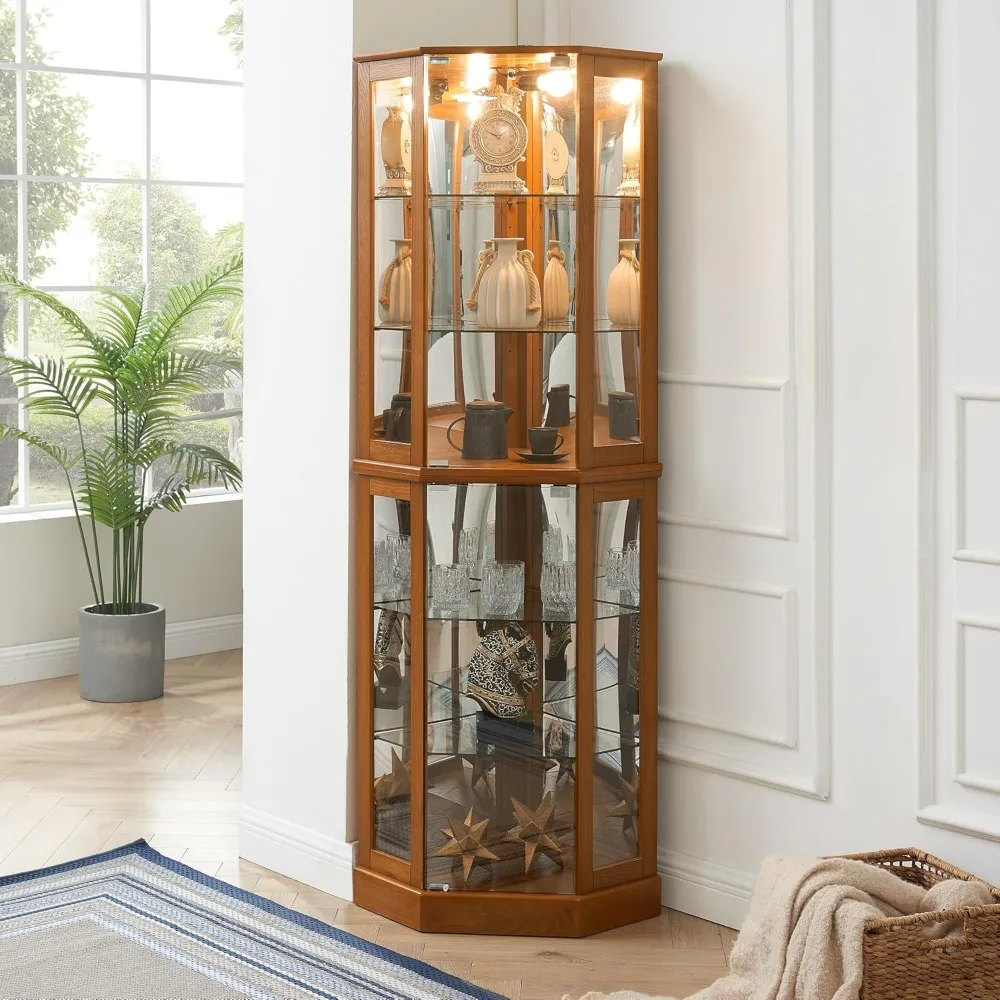 Lighted Corner Curio Display Cabinet with Doors, 6 Tiers Corner Curio Cabinet with Adjustable Tempered Glass Shelves