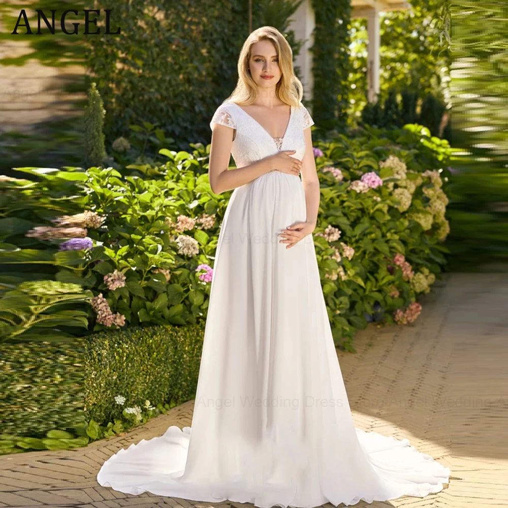 

Свадебное платье ANGEL из шифона на заказ для беременных невест, лето 2026, с V-образным вырезом, кружевными аппликациями, А-силуэт, со шлейфом, в стиле бохо