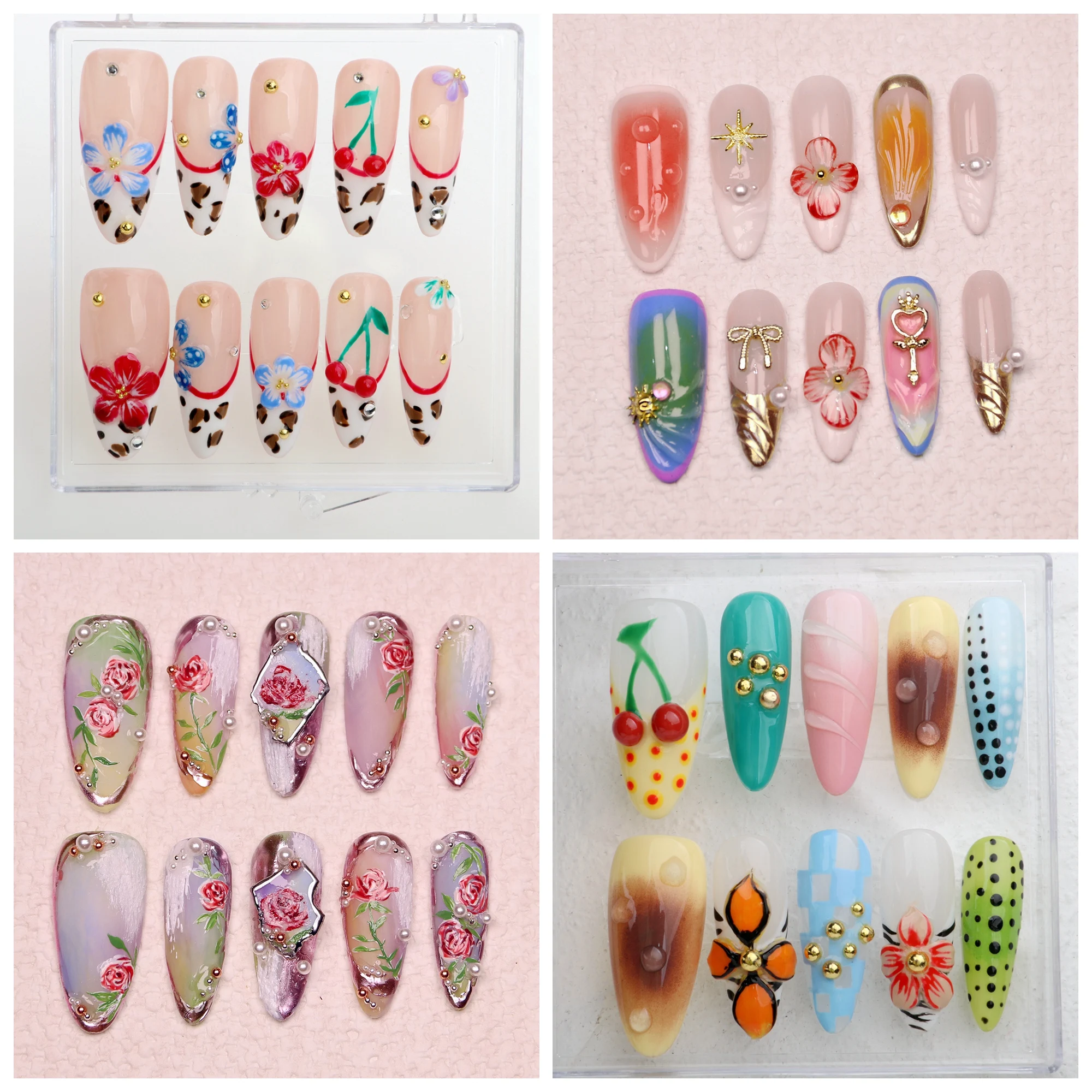 10Pcs 3D Cherry press on nails Fairy Tale Flower Long Almond Press On Nails Bow Dreamy Nails Y2K  with Adhesive Nail File Set