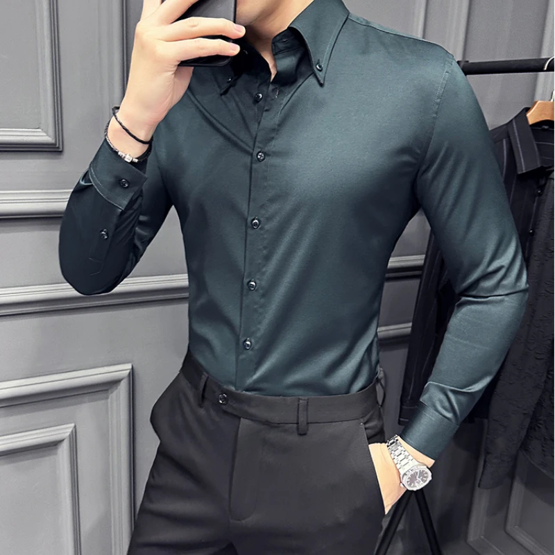 High Quality Lapel Collar Shirt for Men Solid Color Casual Business Dress Shirts Office Social Uniform Shirt Men Clothing 2024