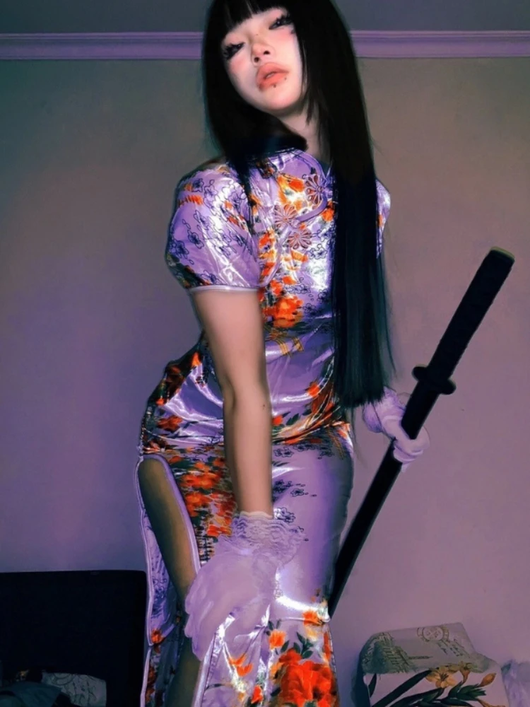 

Модное летнее платье Cheongsam с принтом в стиле ретро Y2K в стиле Харадзюку, сексуальная женская длинная юбка в стиле ретро, обнимающая бедра