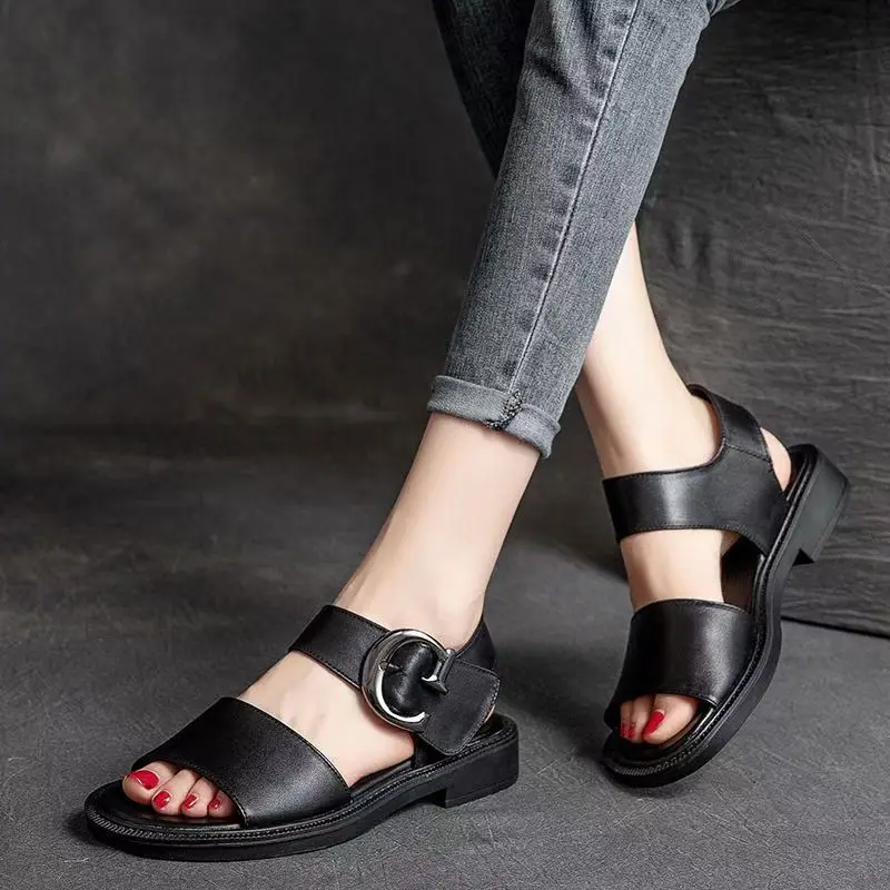 2024 New Women\'s Summer Leather Open Toe Low Heel Sandals Soft Sole Non Slip Hook Casual Sandals Comfortable Elderly Sandals