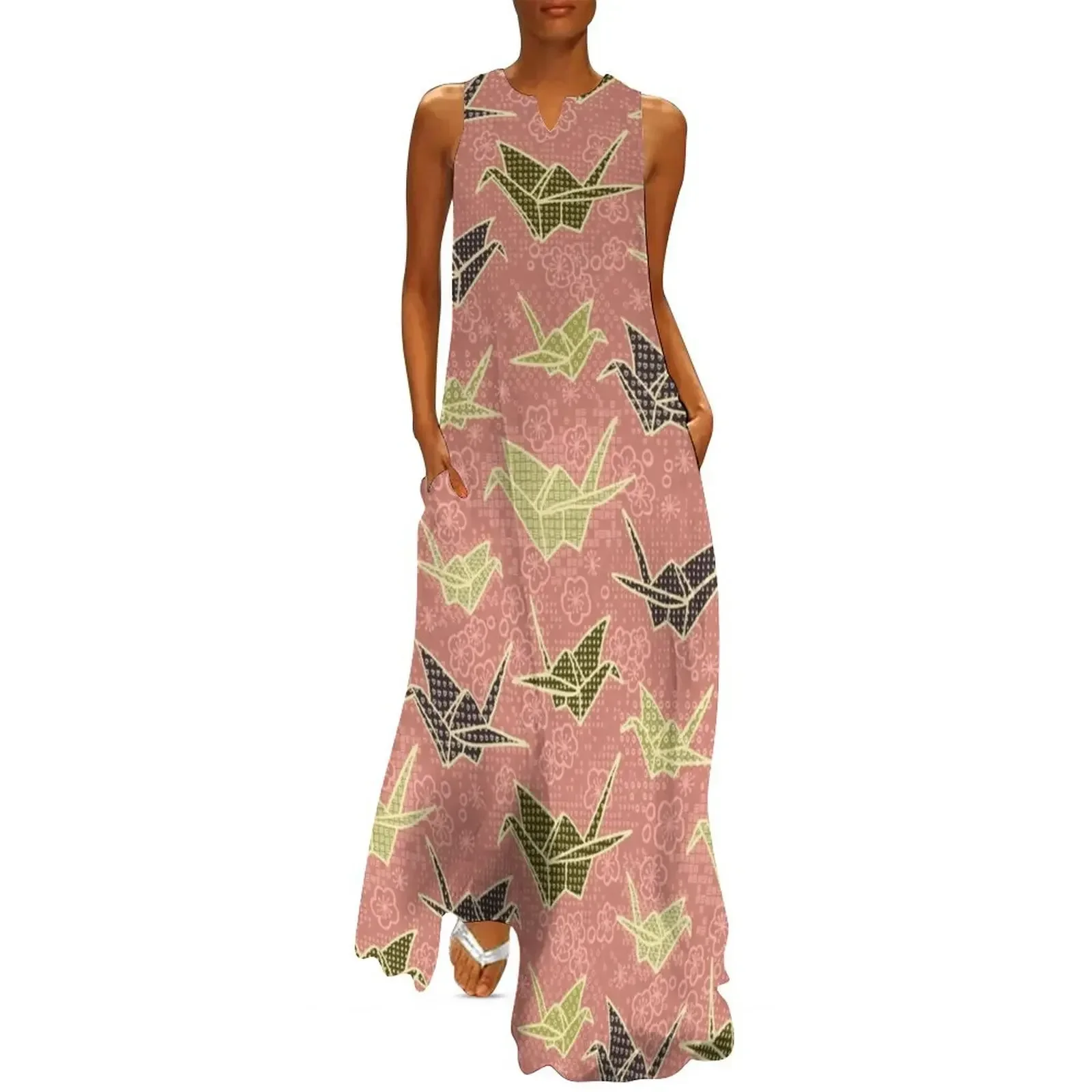 

Rose and Olive Paper Cranes with Flowers Long Dress bandage dress dresses for prom dress dresses loose summer