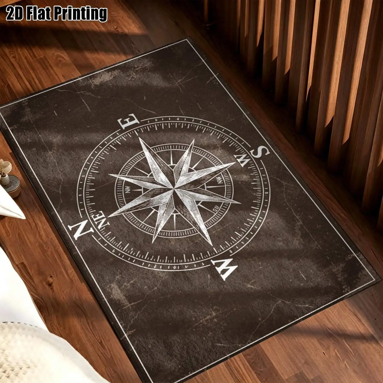 1Pc 2D Printed Retro Brown Compass Pattern Carpet: Minimalist, Instagram-Style Home Decor Floor Mat, Machine Washable, Multi-Size, Multi-Scene Use