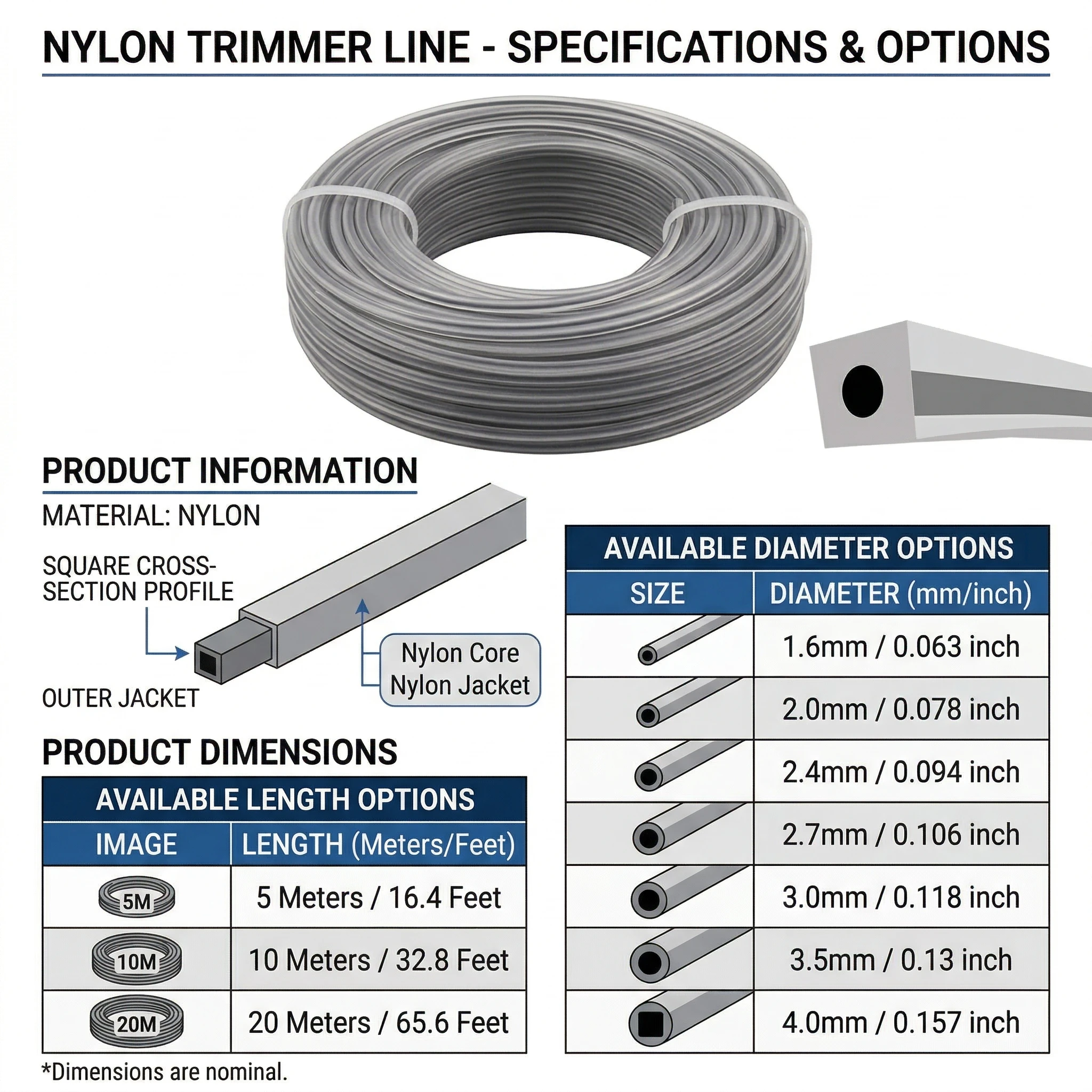 TSES String Trimmer Line 1.6mm–4.0mm Nylon Weed Eater String, Heavy-Duty for Grass Trimmers/Weed Wackers/Whipper Snippers