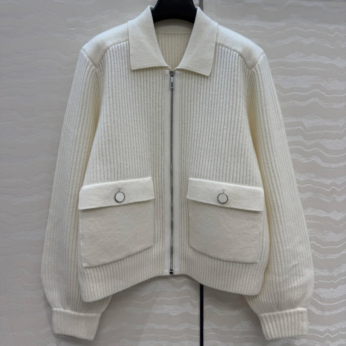 Women Lapel Collar Knit Zip Up Jacket Patch Pocket Metal Button Long Sleeve Loose Short Cardigan Outerwear