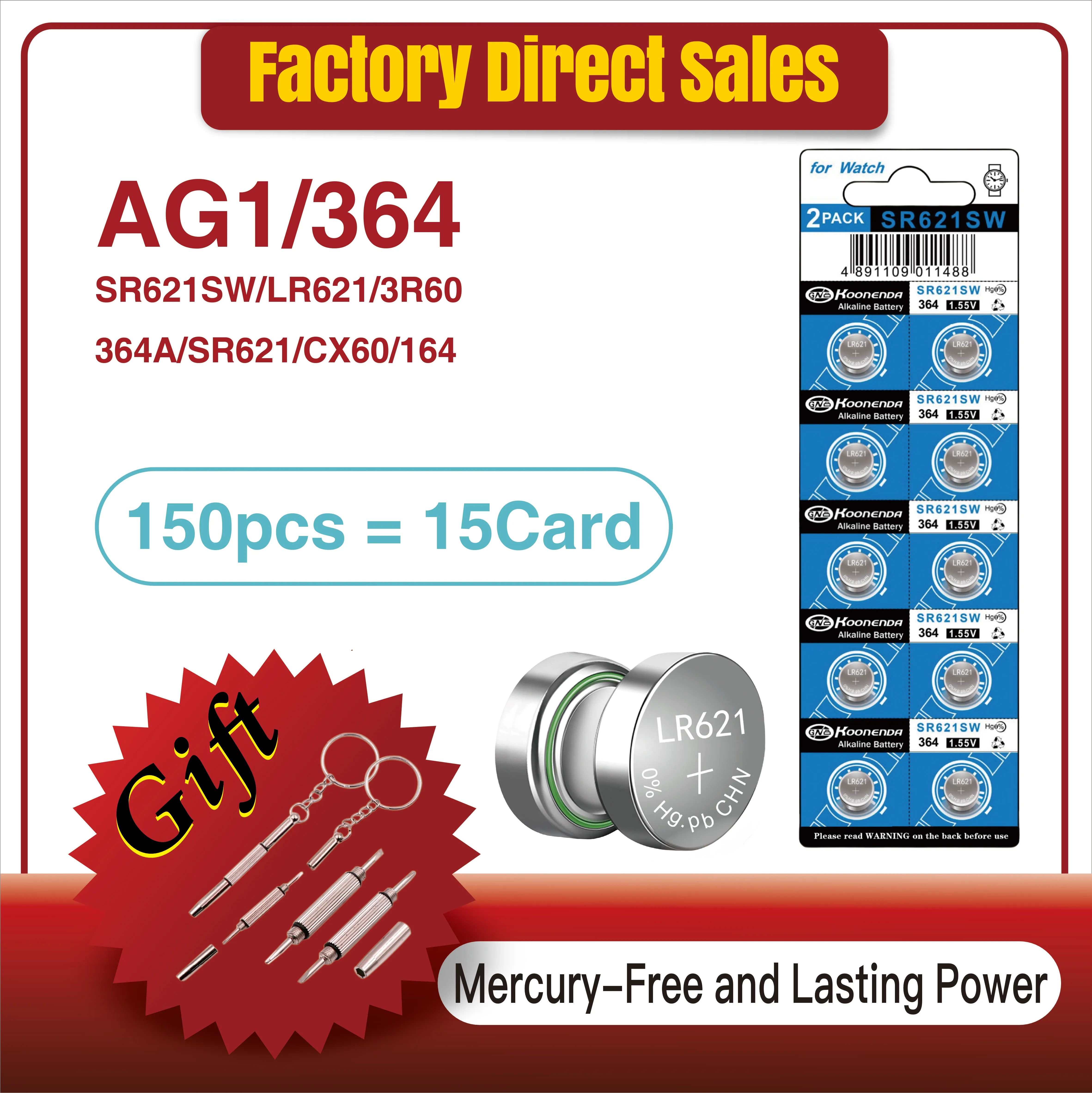 150PCS LR621 AG1 1.55V Alkaline Button Battery SR621SW 364 164 SR60 363 621 SR621 L621 CX60 Coin Cell for Watch Clock Remote Toy