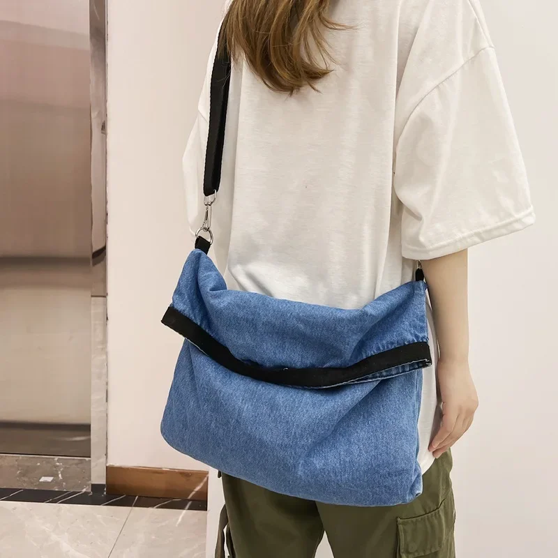 

Female Vintage Denim Fabric Soft Hobo Slouchy Shoulder Bag Stylish Street Casual Medium Size Jeans Square Side Crossbody Bag