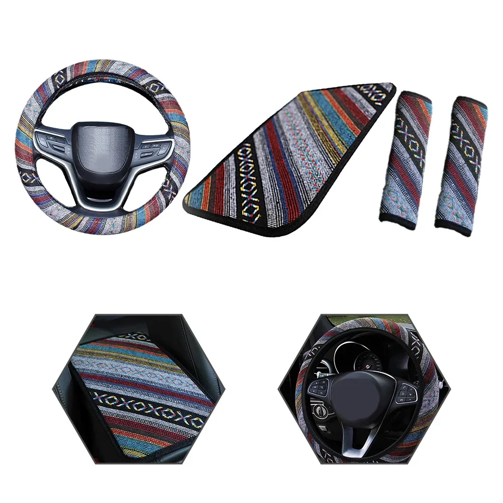 Unique Bohemian Design Car Interior Accessories Complete 4PC Set with Steering Wheel Cushion and Seatbelt Covers