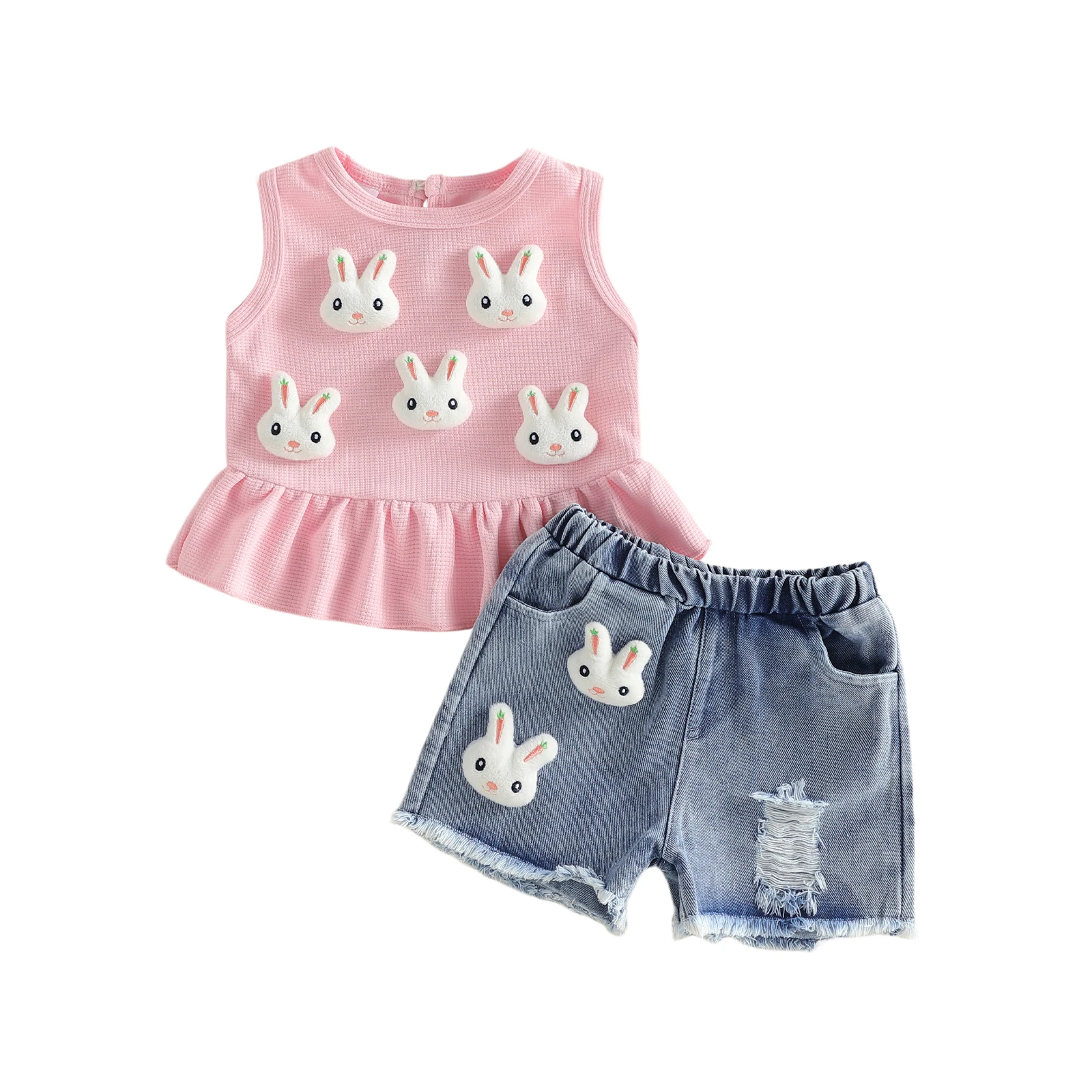 Toddler Baby Girl Easter Outfit Plush Bunny Head Sleeveless Ruffle Tank Tops and Ripped Denim Shorts 2 Piece Set 6M-4T
