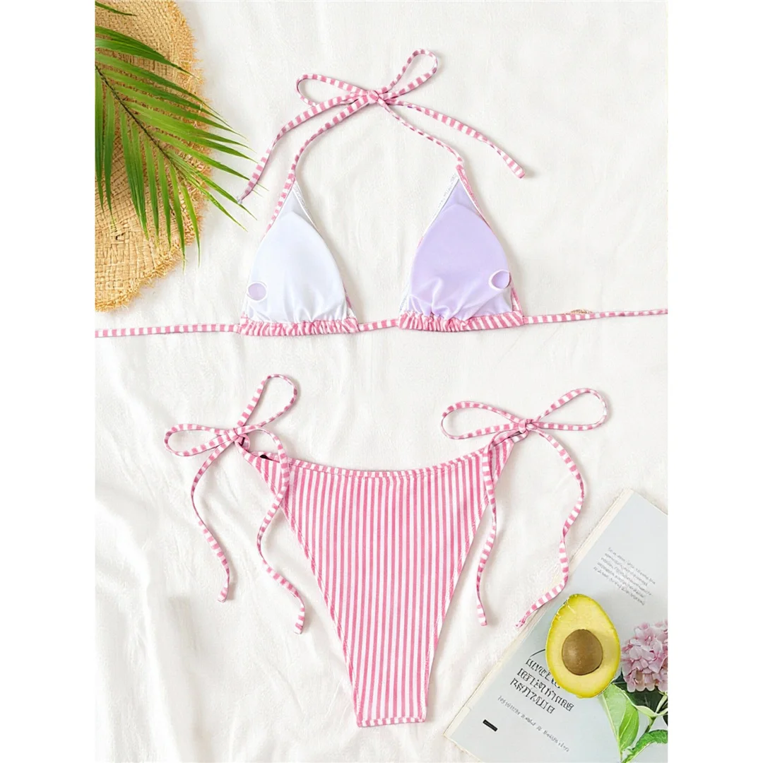 S - XL Gestreifter Neckholder-Bikini, Damen-Badeanzug, zweiteiliges Bikini-Set, hoch geschnittene Beine, Badebekleidung, Badeanzug, Schwimmbekleidung V8527 – Detail 31