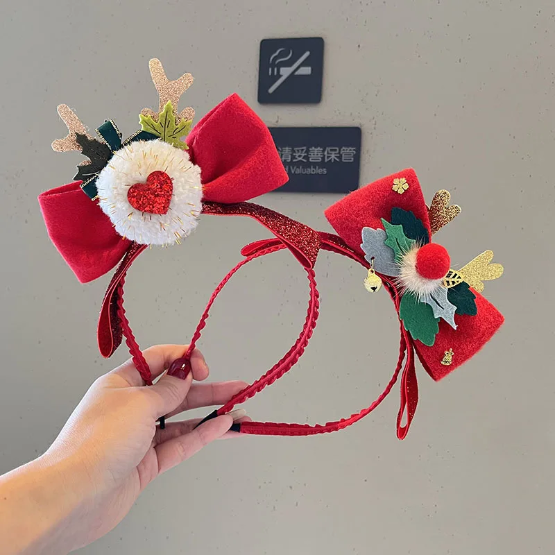 Fashion Christmas Red Bows Headbands Women Girl Classic Elastic Reindeer Antler Santa Hair Hoop Xmas Party Headbands Accessories