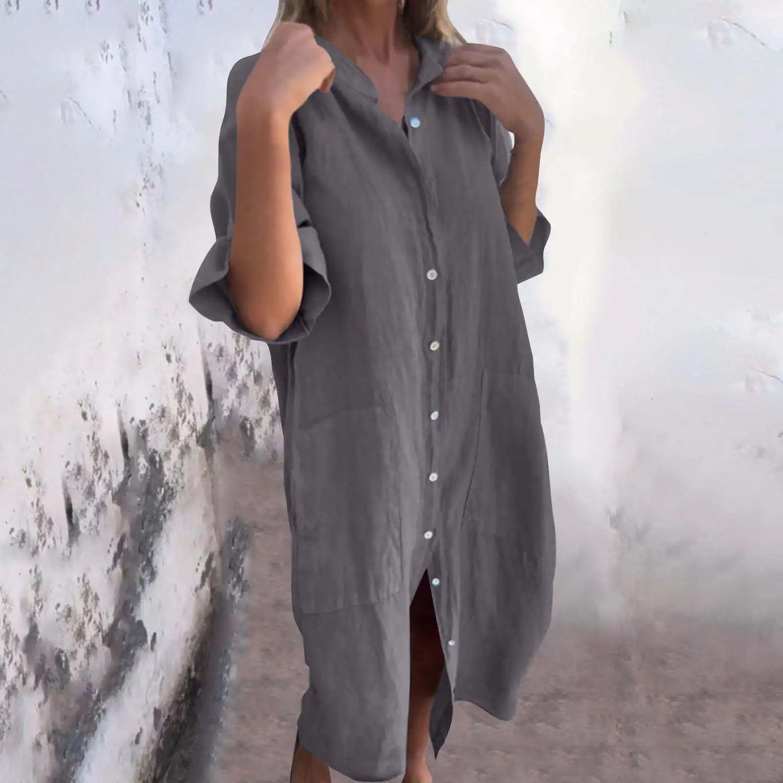 2025, neues europäisches und amerikanisches Frühlings- und Sommer-loses, lässiges, mittelärmeliges Hemdkleid aus Baumwolle und Leinen für Damen