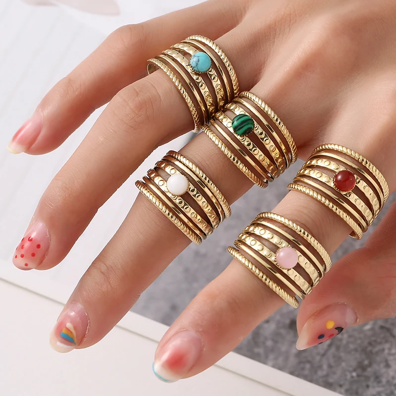 Multi-layer Stainless Steel Natural Stone Ring For Women Girls Vintage Fashion Adjustable Open Ring Golden Plated Turquoise Ring