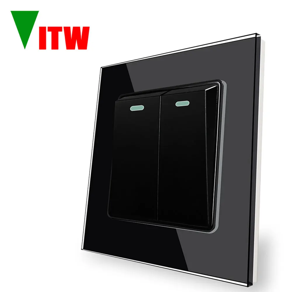 

Встроенная панель переключателей Vitw 86*86 мм, универсальное освещение переменного тока 110-250 В ЕС, двухпозиционный переключатель, розетка из черного закаленного стекла