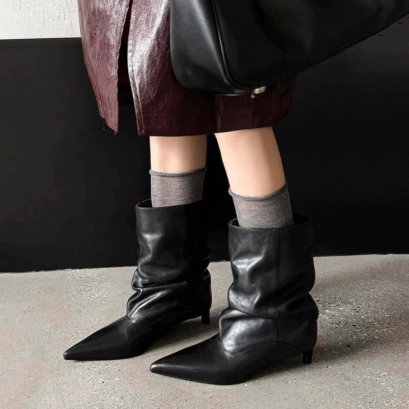 Winter 2027 Fashion Genuine Leather Pleated Short Boots Pointy Toe Med Kitten Heels Young Lady Modern Woman Ankle Boots Dress - view 6