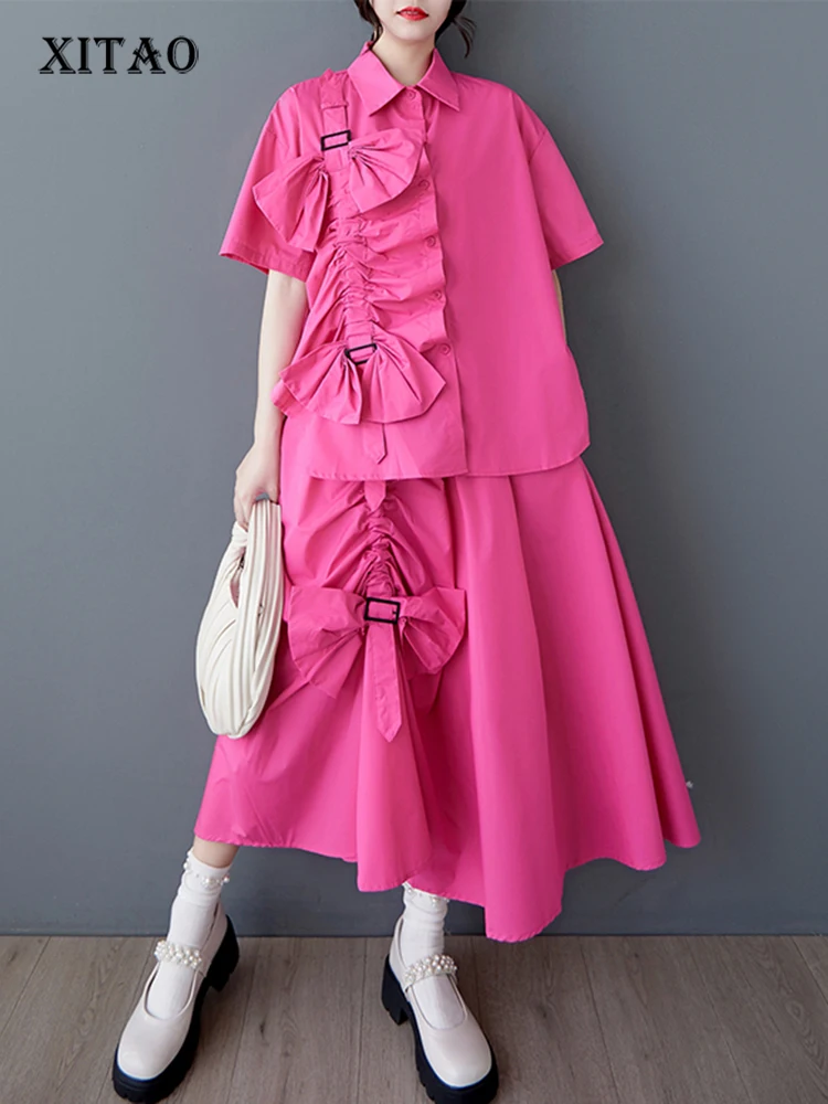 

XITAO Floral Pleated Single Breasted Matching Set Casual Turn-down Collar A-line Half Sleeve New Korea Summer Female Set GYX1546