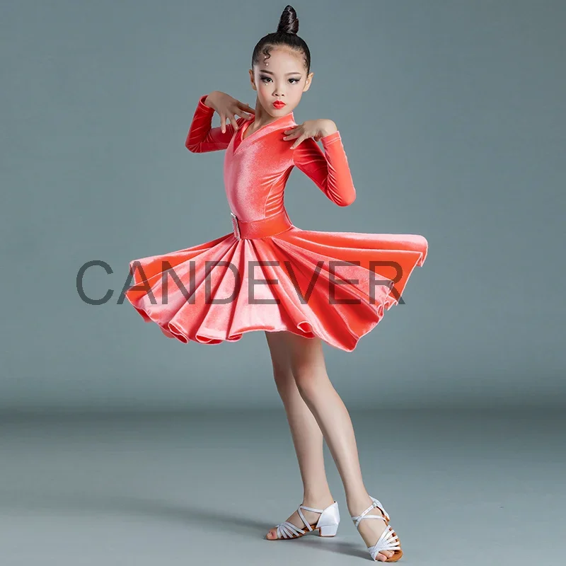 Kids velvet Latin dance dress for girls Child competition ballroom tango salsa dancewear practice dancing dad V neck