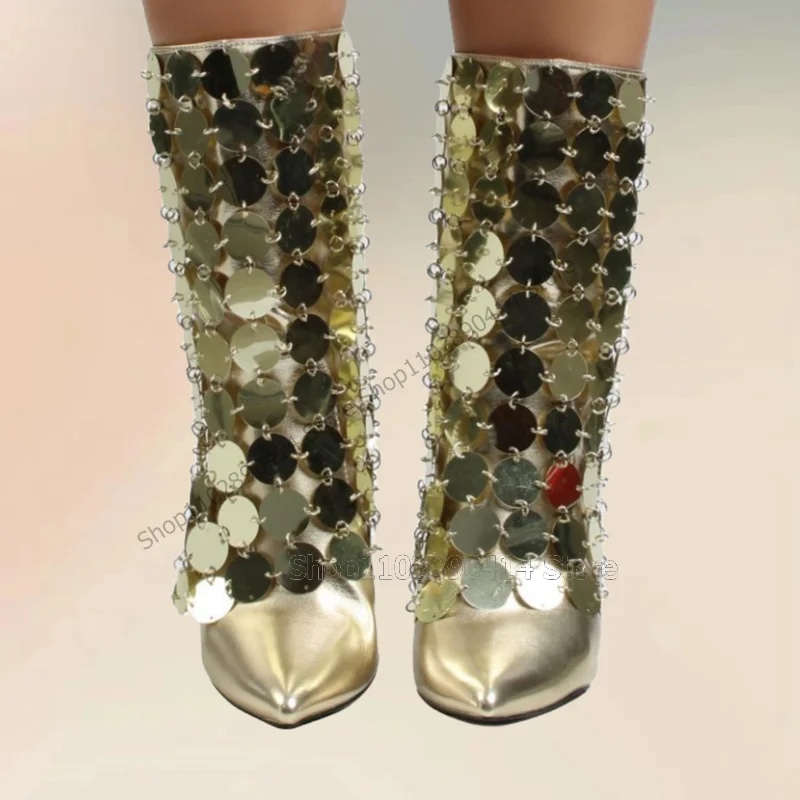 Bottes pointues à paillettes dorées pour femmes, chaussures à enfiler, talons hauts fins, décoration de fête, roman, 2023