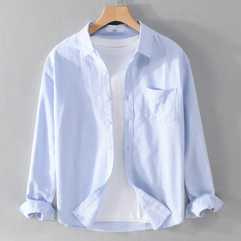 Spring Men Long Sleeved Solid Color Pocket Multicolor Lapel Collar Shirt Casual Loose Oxford Comfortable All-match Youth Tops