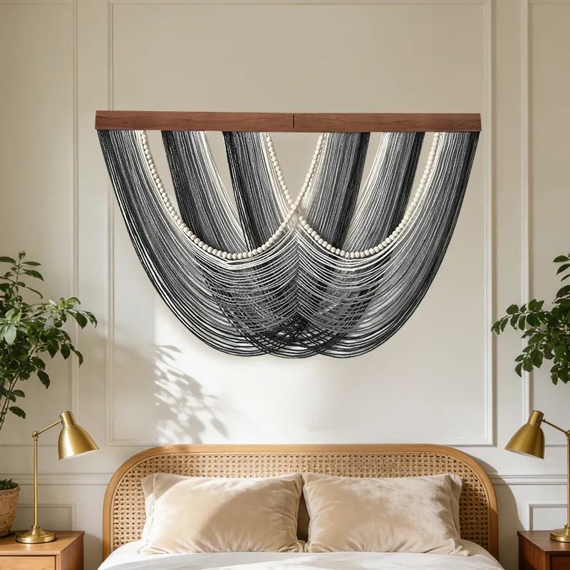 Gray Cotton Rope Gradient Fringed Tapestry Home Decor Wall Tapestry Bohemian Cross-border Wall Hanging Wooden Bead Decoration