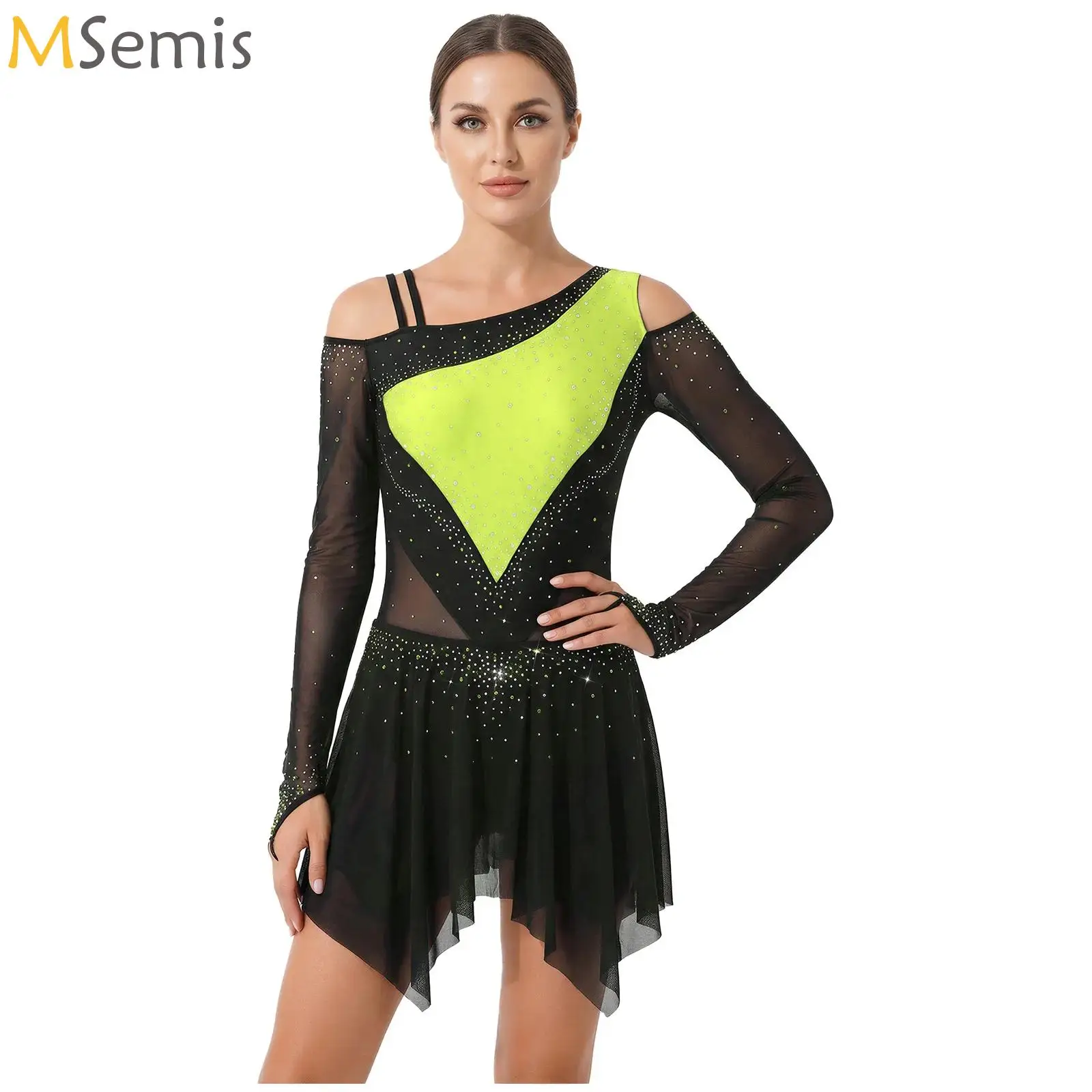 女性体操フィギュアスケートバレエ叙情的ダンスパフォーマンス衣装長袖現代古典ダンスレオタードドレス