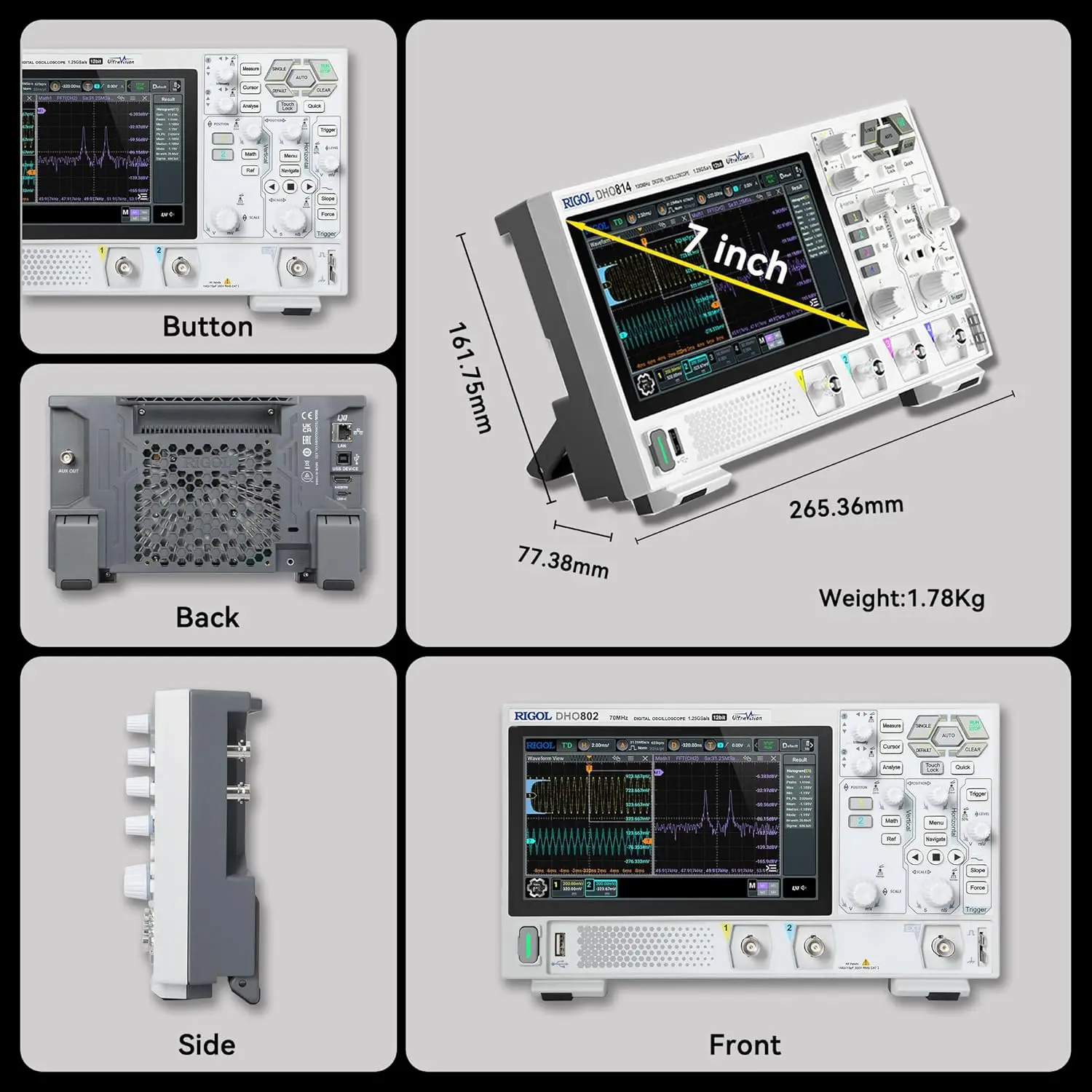 RIGOL DHO802 Digital Oscilloscope 70MHz Frequency Band 12-Bit Vertical Resolution 1.25 GSa/s Sample Rate for Testing Equipment