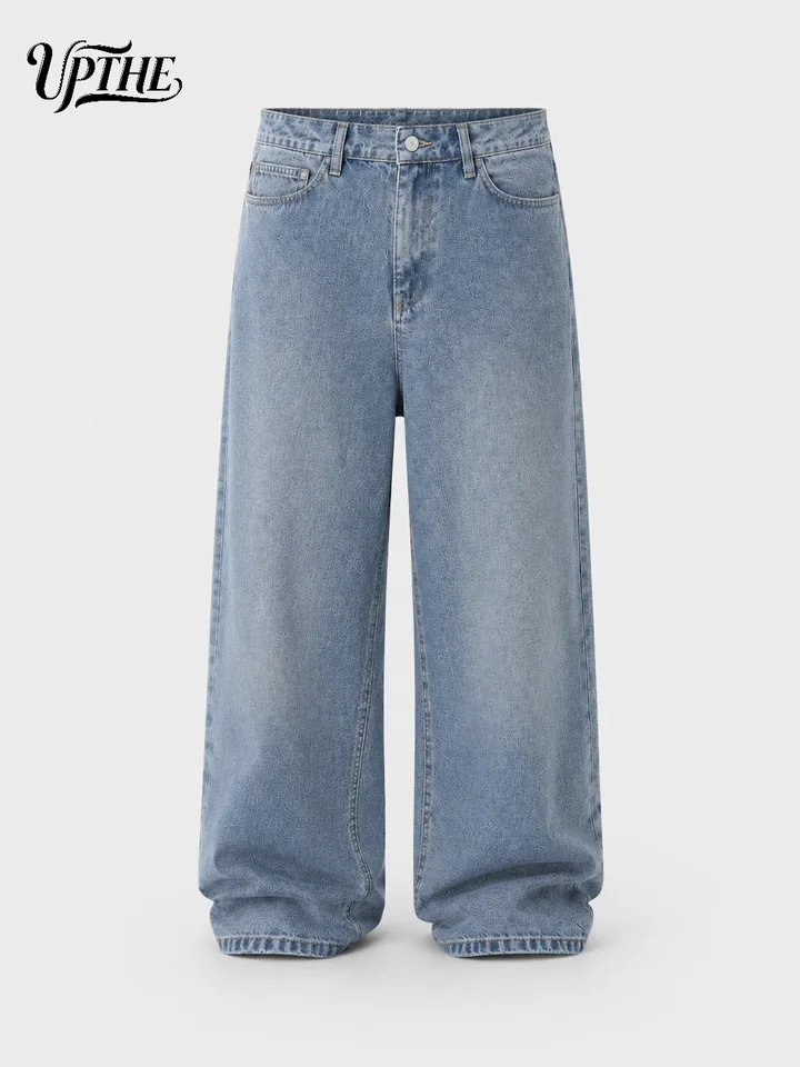 Men Light Washed Baggy Wide Leg Jeans