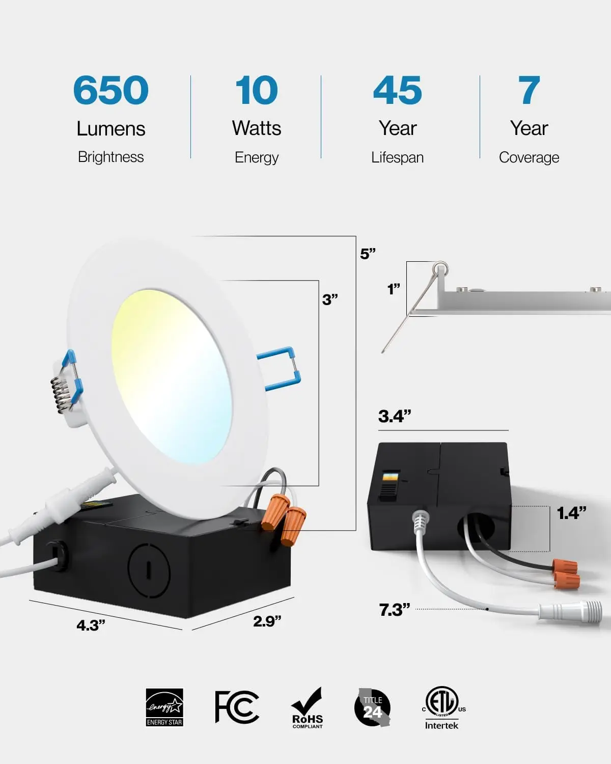 Sunco 12 pacotes de luzes de teto embutidas LED ultrafinas de 4 polegadas finas, selecionáveis Cct 2700K/3000K/3500K/4000K/5000K, reguláveis, 10W,