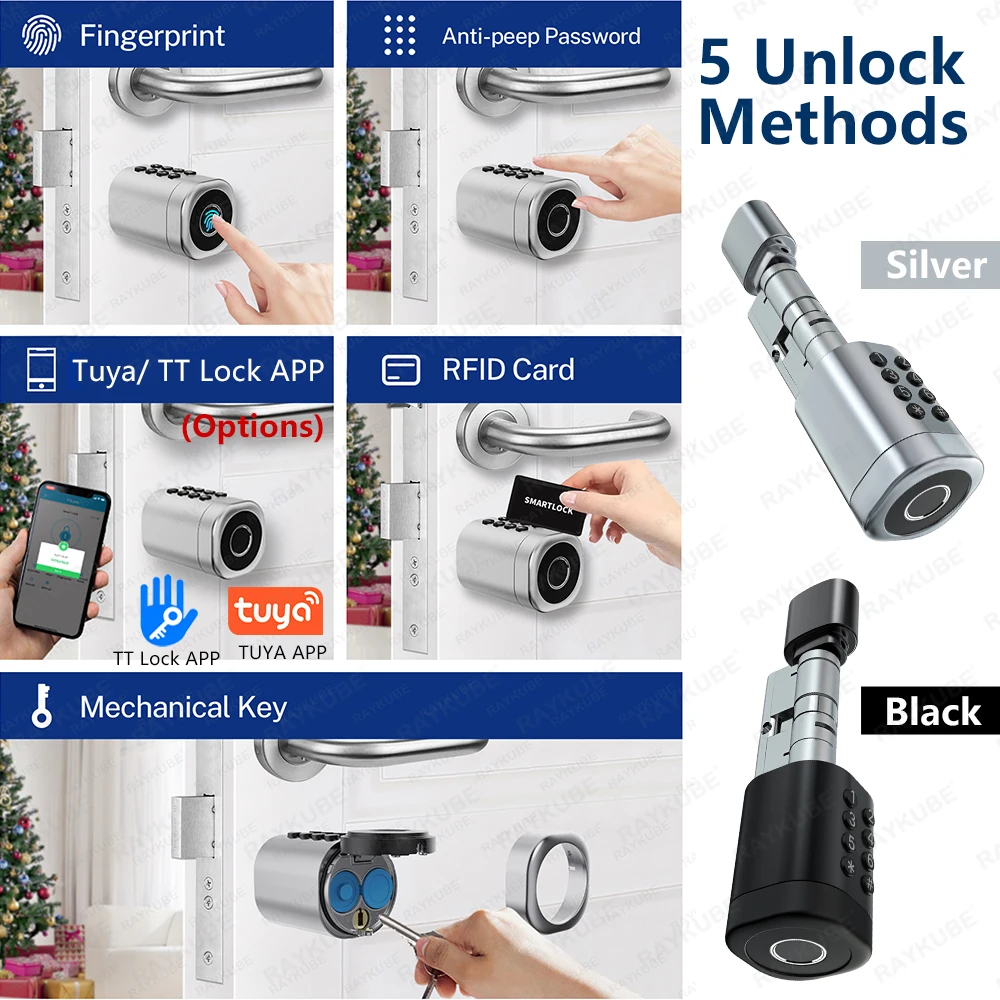 Imagem -02 - Tuya Ble tt Smart Door Lock 2-ways Cilindro Ajustável Comprimento Senha de Impressão Digital Chave do Aplicativo Desbloqueio do Cartão ic Raykube-c1