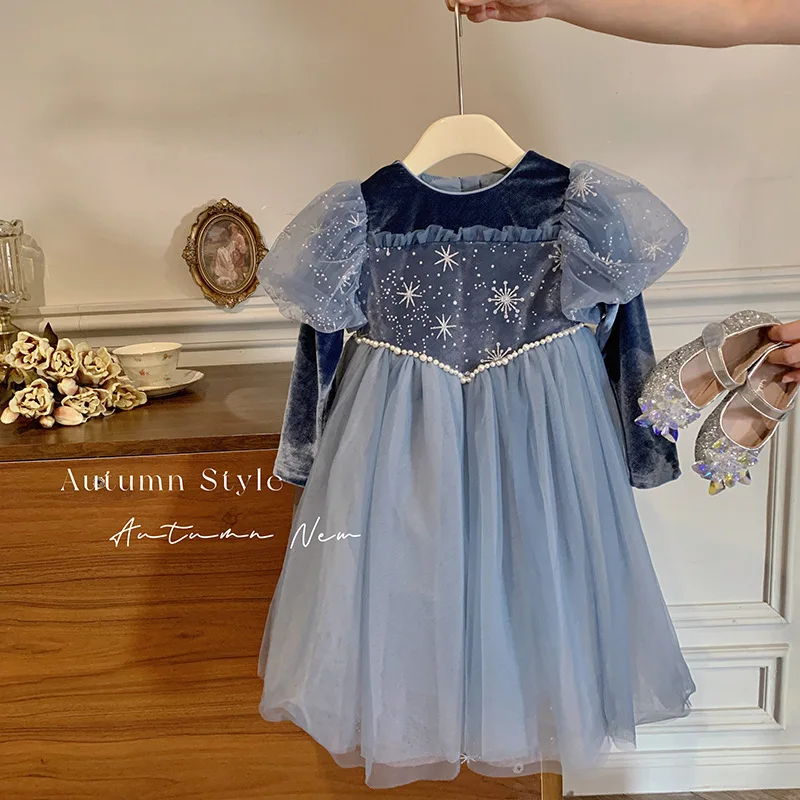Girl Princess Dress 2024 Autumn Children\'s Girl Birthday Dress Blue Sweet Cute Dress Girls Clothes